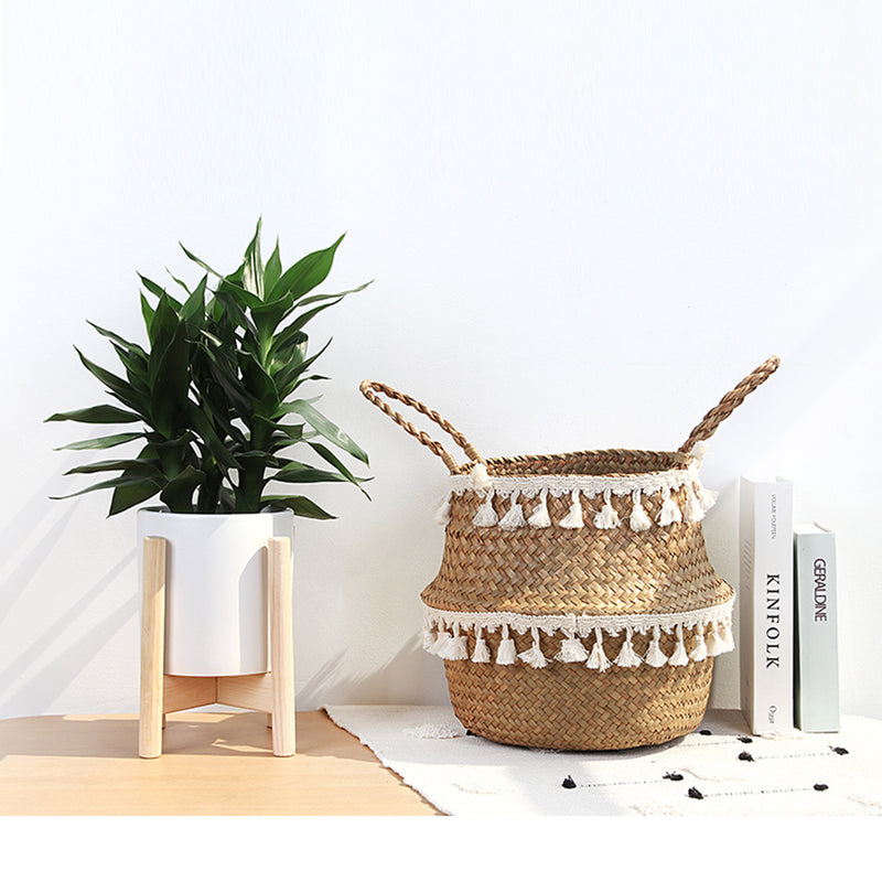 Cesta de Paja Plegable para Macetas Estilo Nórdico