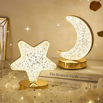 Lámpara de Mesa de Cristal con Luz Nocturna de Estrella y Luna