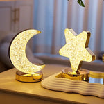 Lámpara de Mesa de Cristal con Luz Nocturna de Estrella y Luna